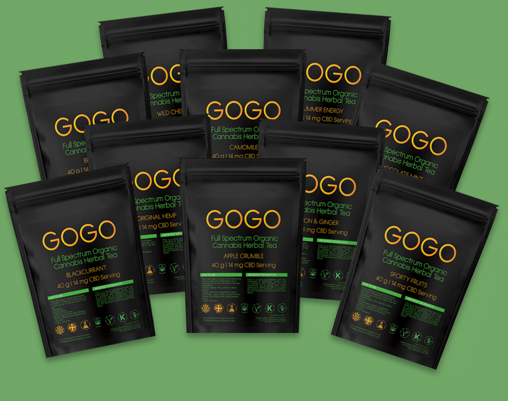 Variety of CBD tea blends from GOGO Green Organics, featuring over 21 options