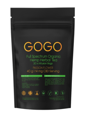 Steaming cup of Hemp Sencha Tea – Passionflower infusion with hemp leaves and passionflower blooms