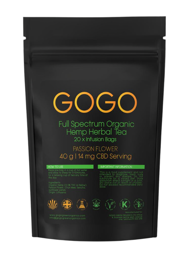 Steaming cup of Hemp Sencha Tea – Passionflower infusion with hemp leaves and passionflower blooms