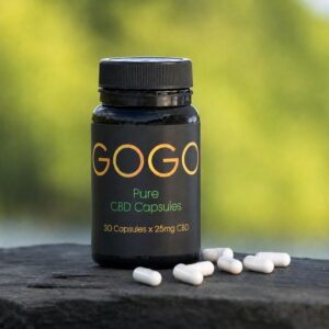 GOGO Pure CBD Capsules bottle, 30 capsules x 25mg CBD, with loose capsules